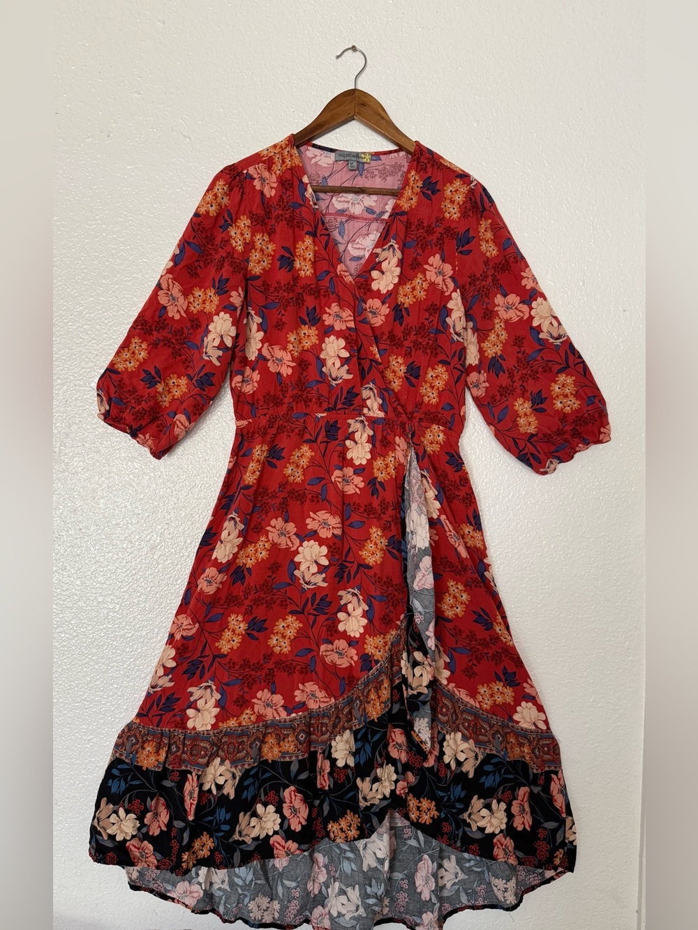 Figueroa &flower Red Floral Wrap Midi Dress with Puff Sleeves size XL